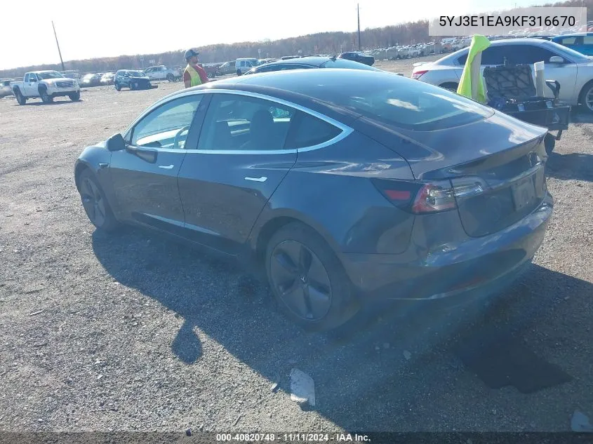 2019 Tesla Model 3 Long Range/Mid Range/Standard Range/Standard Range Plus VIN: 5YJ3E1EA9KF316670 Lot: 40820748