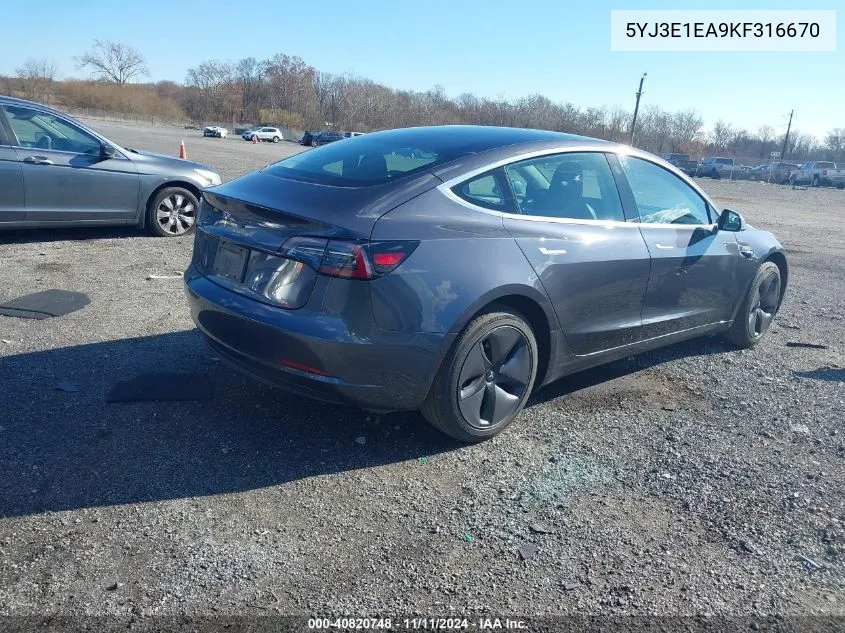 2019 Tesla Model 3 Long Range/Mid Range/Standard Range/Standard Range Plus VIN: 5YJ3E1EA9KF316670 Lot: 40820748