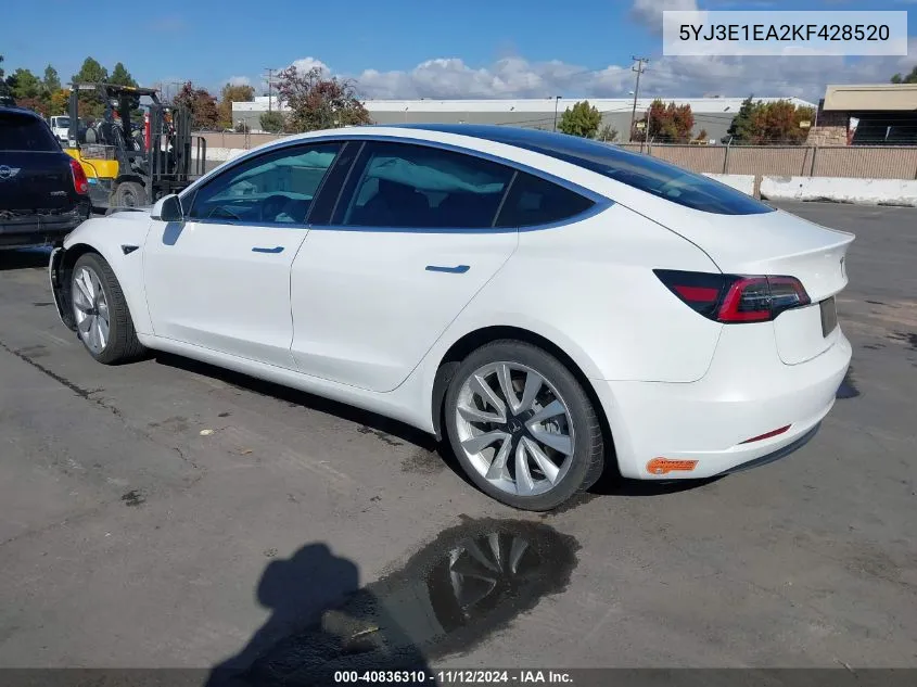 2019 Tesla Model 3 Long Range/Mid Range/Standard Range/Standard Range Plus VIN: 5YJ3E1EA2KF428520 Lot: 40836310