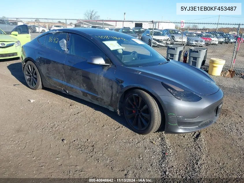 2019 Tesla Model 3 Long Range/Performance VIN: 5YJ3E1EB0KF453487 Lot: 40848642