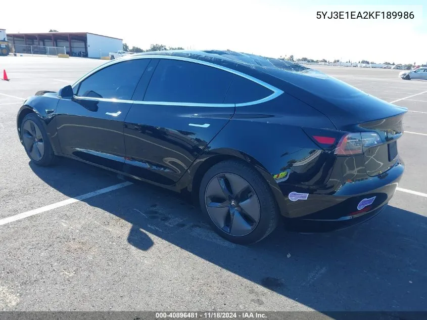 2019 Tesla Model 3 Long Range/Mid Range/Standard Range/Standard Range Plus VIN: 5YJ3E1EA2KF189986 Lot: 40896481