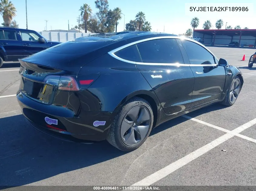 2019 Tesla Model 3 Long Range/Mid Range/Standard Range/Standard Range Plus VIN: 5YJ3E1EA2KF189986 Lot: 40896481