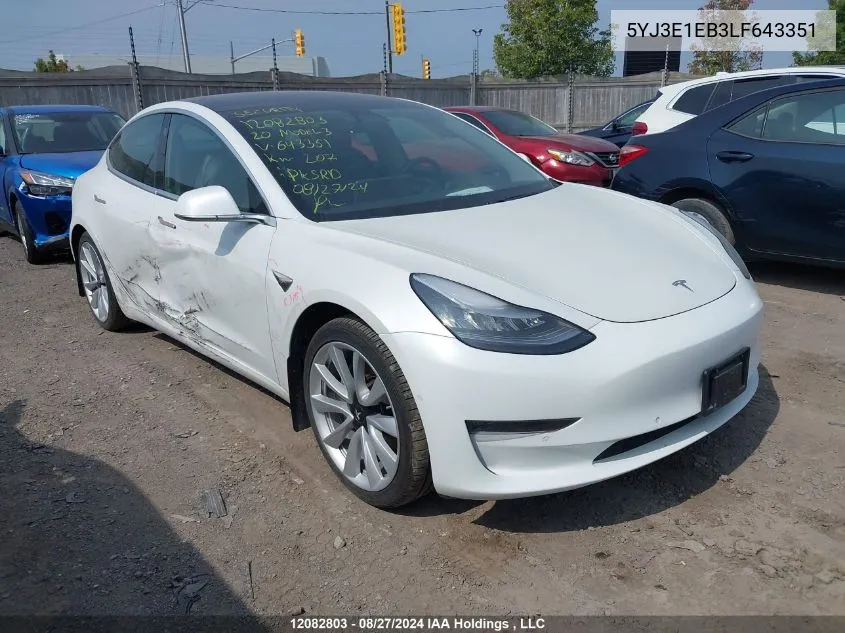 2020 Tesla Model 3 VIN: 5YJ3E1EB3LF643351 Lot: 12082803