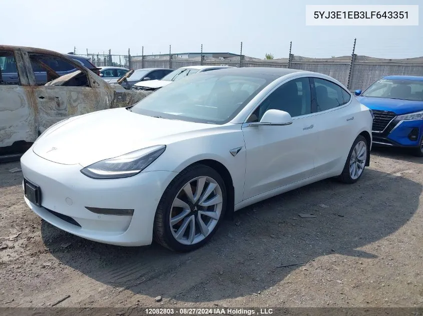 2020 Tesla Model 3 VIN: 5YJ3E1EB3LF643351 Lot: 12082803