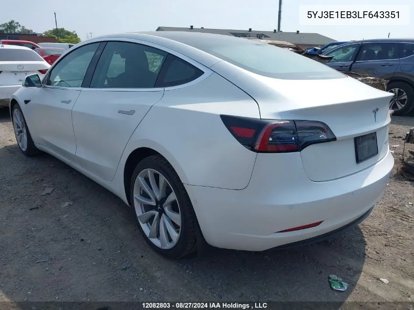 2020 Tesla Model 3 VIN: 5YJ3E1EB3LF643351 Lot: 12082803