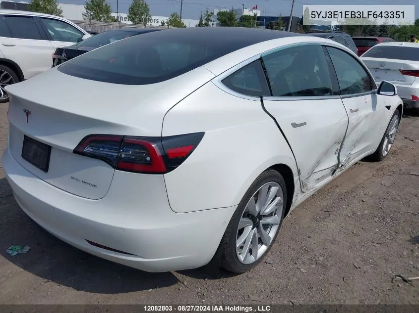 2020 Tesla Model 3 VIN: 5YJ3E1EB3LF643351 Lot: 12082803