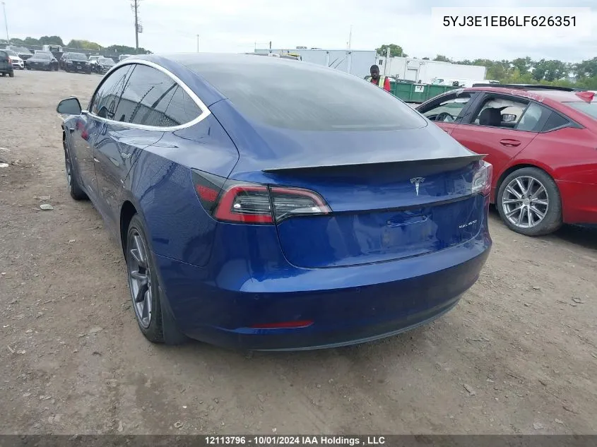 2020 Tesla Model 3 VIN: 5YJ3E1EB6LF626351 Lot: 12113796