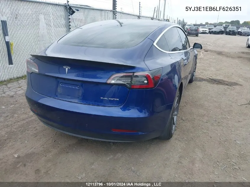 2020 Tesla Model 3 VIN: 5YJ3E1EB6LF626351 Lot: 12113796