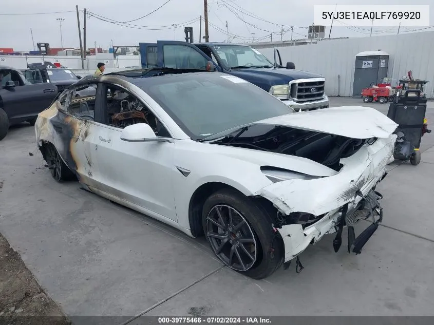 2020 Tesla Model 3 Standard Range Plus Rear-Wheel Drive/Standard Range Rear-Wheel Drive VIN: 5YJ3E1EA0LF769920 Lot: 39775466