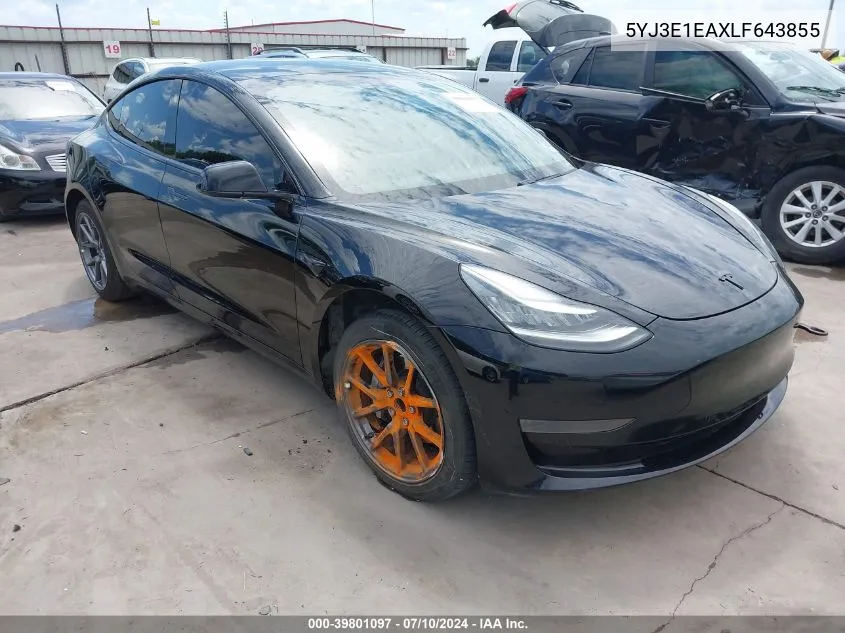 2020 Tesla Model 3 Standard Range Plus Rear-Wheel Drive/Standard Range Rear-Wheel Drive VIN: 5YJ3E1EAXLF643855 Lot: 39801097