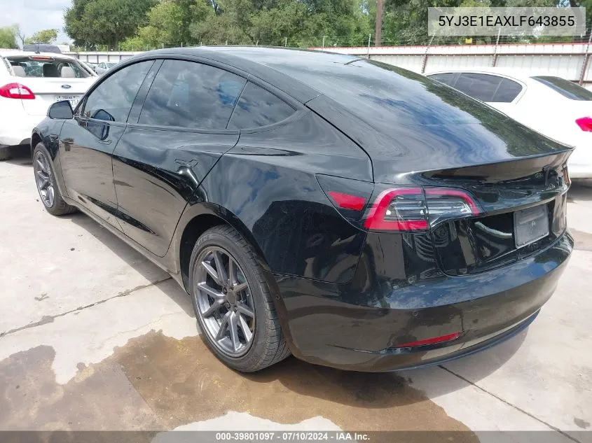 2020 Tesla Model 3 Standard Range Plus Rear-Wheel Drive/Standard Range Rear-Wheel Drive VIN: 5YJ3E1EAXLF643855 Lot: 39801097