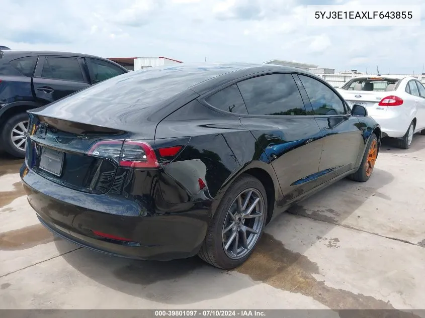 2020 Tesla Model 3 Standard Range Plus Rear-Wheel Drive/Standard Range Rear-Wheel Drive VIN: 5YJ3E1EAXLF643855 Lot: 39801097