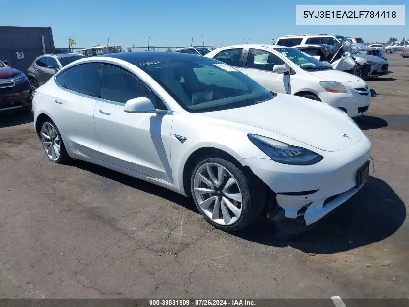 2020 Tesla Model 3 Standard Range Plus Rear-Wheel Drive/Standard Range Rear-Wheel Drive VIN: 5YJ3E1EA2LF784418 Lot: 39831909