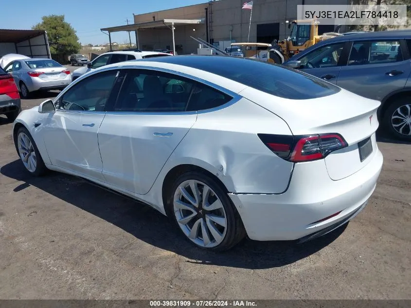 2020 Tesla Model 3 Standard Range Plus Rear-Wheel Drive/Standard Range Rear-Wheel Drive VIN: 5YJ3E1EA2LF784418 Lot: 39831909