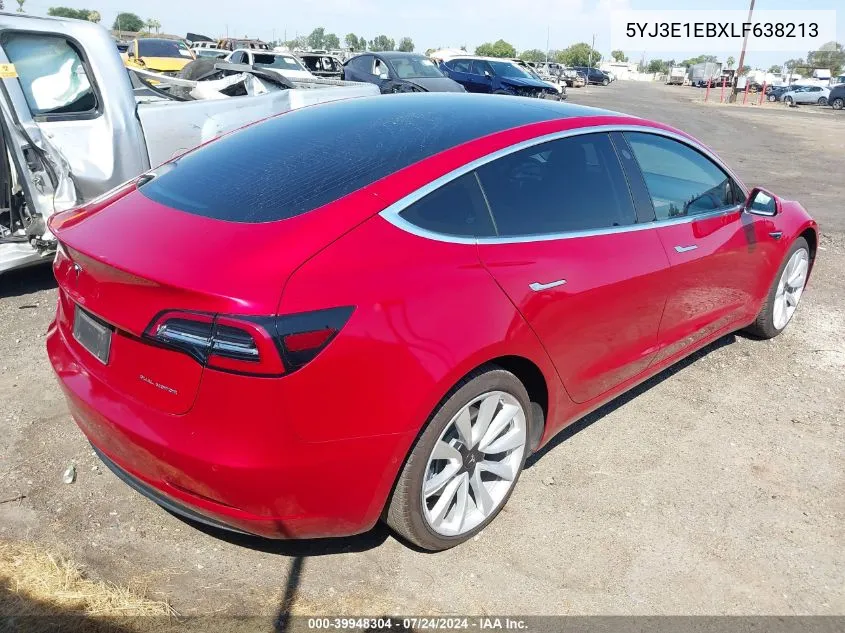 2020 Tesla Model 3 Long Range Dual Motor All-Wheel Drive VIN: 5YJ3E1EBXLF638213 Lot: 39948304