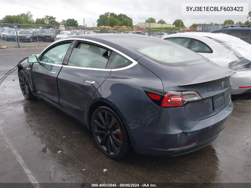 2020 Tesla Model 3 Performance Dual Motor All-Wheel Drive VIN: 5YJ3E1EC8LF603422 Lot: 40033845