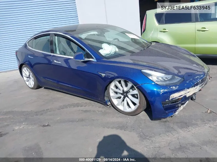 2020 Tesla Model 3 Standard Range Plus Rear-Wheel Drive/Standard Range Rear-Wheel Drive VIN: 5YJ3E1EA5LF633945 Lot: 40081129