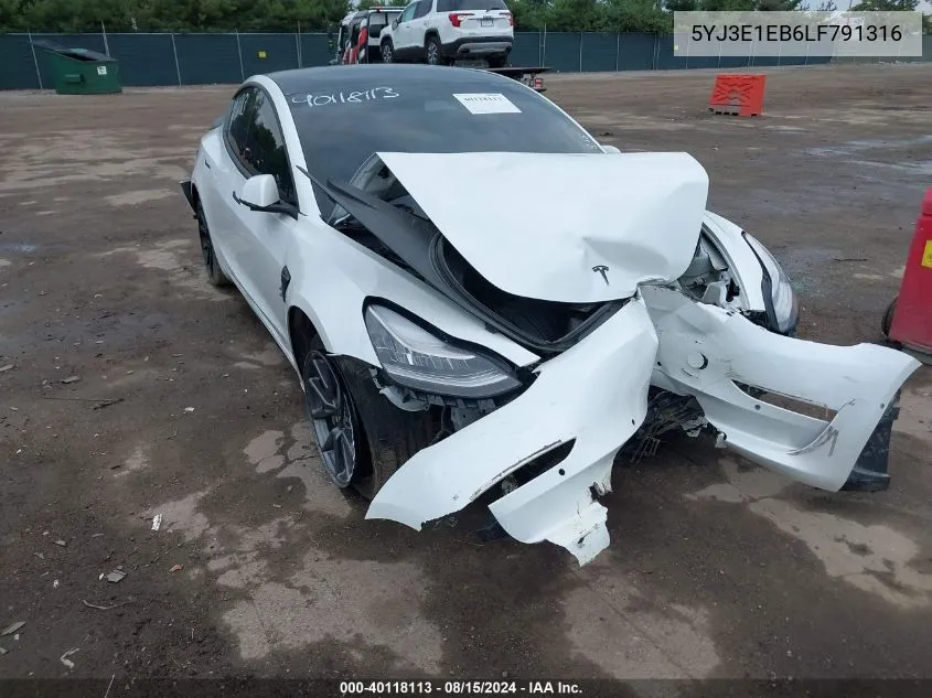 2020 Tesla Model 3 Long Range Dual Motor All-Wheel Drive VIN: 5YJ3E1EB6LF791316 Lot: 40118113