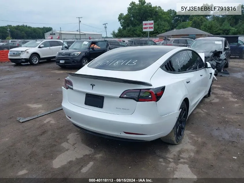 2020 Tesla Model 3 Long Range Dual Motor All-Wheel Drive VIN: 5YJ3E1EB6LF791316 Lot: 40118113