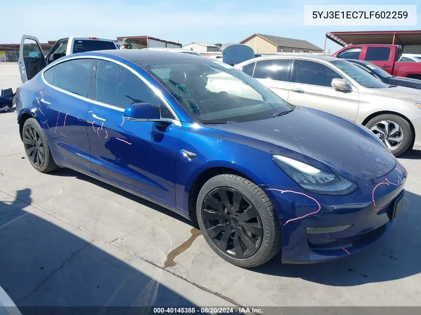 2020 Tesla Model 3 VIN: 5YJ3E1EC7LF602259 Lot: 40145385