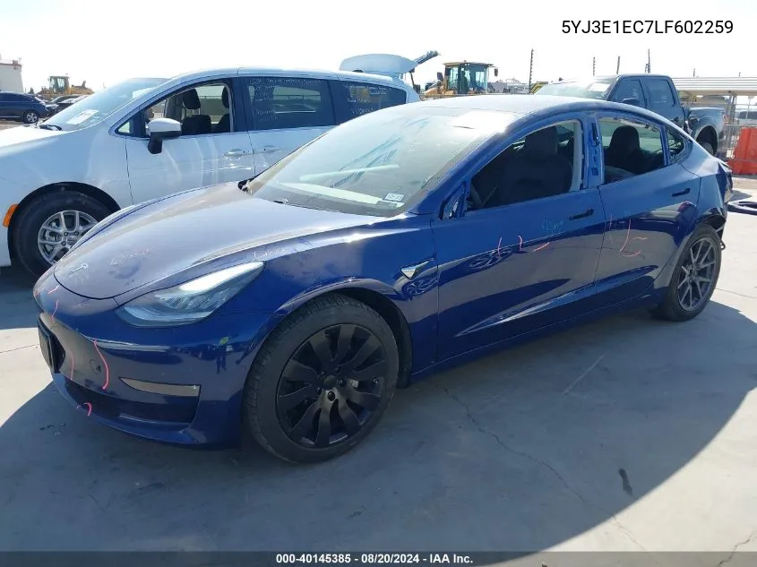 2020 Tesla Model 3 VIN: 5YJ3E1EC7LF602259 Lot: 40145385