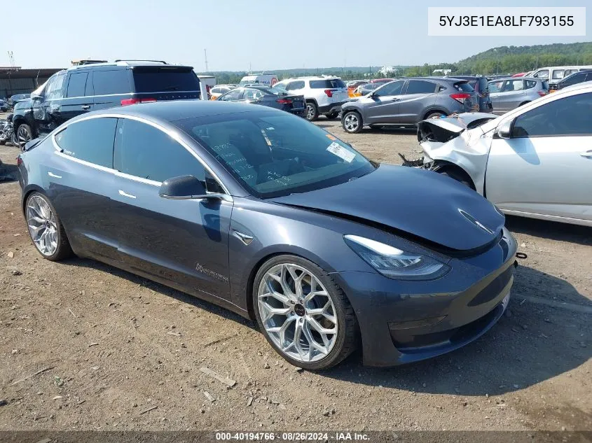 2020 Tesla Model 3 Standard Range Plus Rear-Wheel Drive/Standard Range Rear-Wheel Drive VIN: 5YJ3E1EA8LF793155 Lot: 40194766