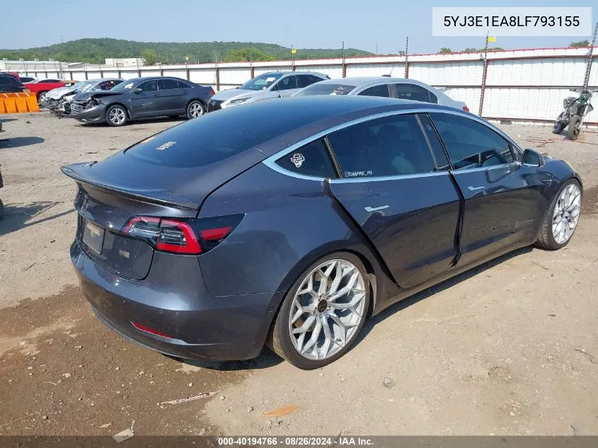 2020 Tesla Model 3 Standard Range Plus Rear-Wheel Drive/Standard Range Rear-Wheel Drive VIN: 5YJ3E1EA8LF793155 Lot: 40194766