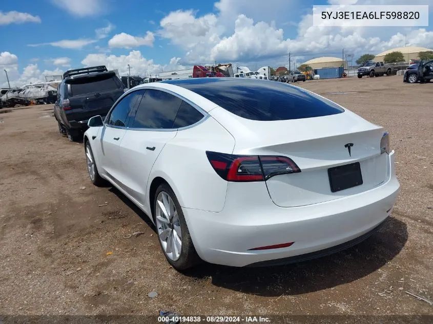 2020 Tesla Model 3 Standard Range Plus Rear-Wheel Drive/Standard Range Rear-Wheel Drive VIN: 5YJ3E1EA6LF598820 Lot: 40194838