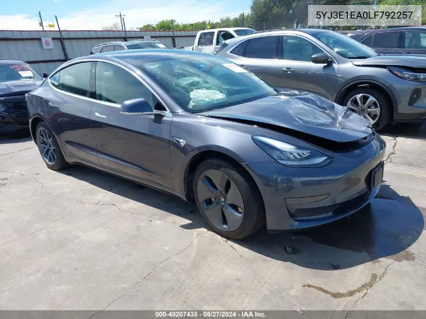 2020 Tesla Model 3 Standard Range Plus Rear-Wheel Drive/Standard Range Rear-Wheel Drive VIN: 5YJ3E1EA0LF792257 Lot: 40207435