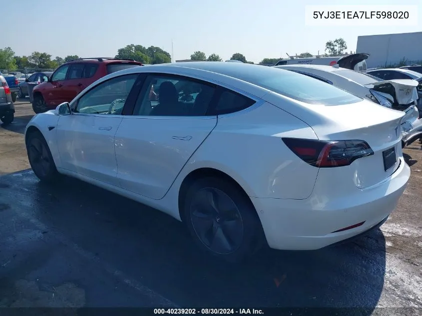 2020 Tesla Model 3 Standard Range Plus Rear-Wheel Drive/Standard Range Rear-Wheel Drive VIN: 5YJ3E1EA7LF598020 Lot: 40239202