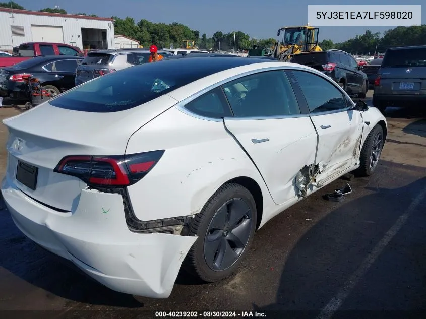 2020 Tesla Model 3 Standard Range Plus Rear-Wheel Drive/Standard Range Rear-Wheel Drive VIN: 5YJ3E1EA7LF598020 Lot: 40239202