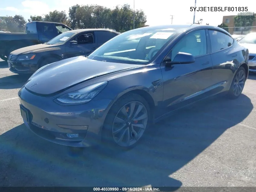 2020 Tesla Model 3 Long Range Dual Motor All-Wheel Drive VIN: 5YJ3E1EB5LF801835 Lot: 40339950