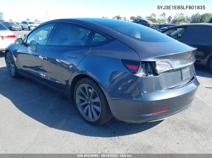 2020 Tesla Model 3 Long Range Dual Motor All-Wheel Drive VIN: 5YJ3E1EB5LF801835 Lot: 40339950