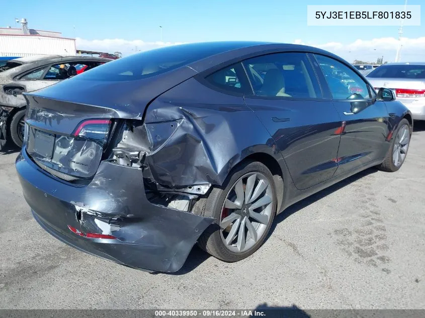 2020 Tesla Model 3 Long Range Dual Motor All-Wheel Drive VIN: 5YJ3E1EB5LF801835 Lot: 40339950