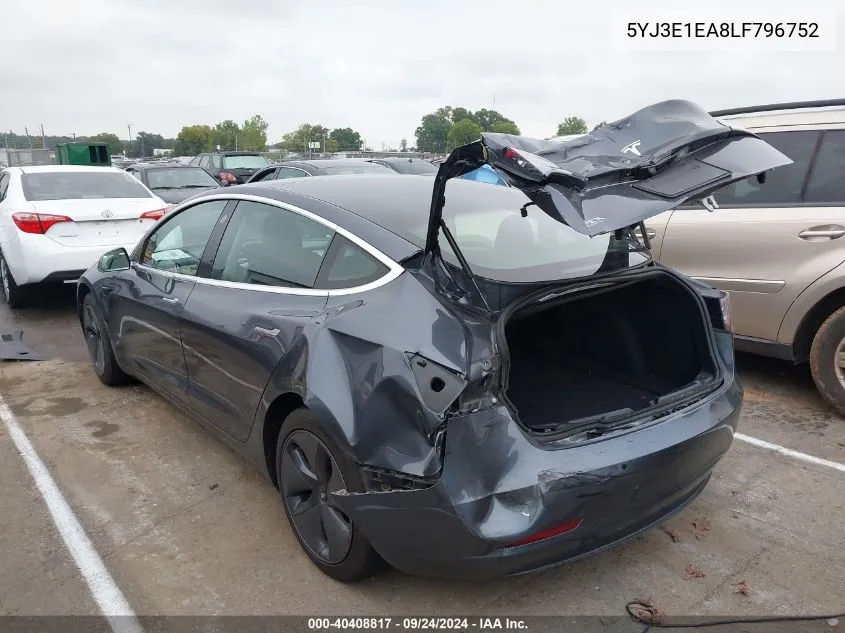 2020 Tesla Model 3 VIN: 5YJ3E1EA8LF796752 Lot: 40408817