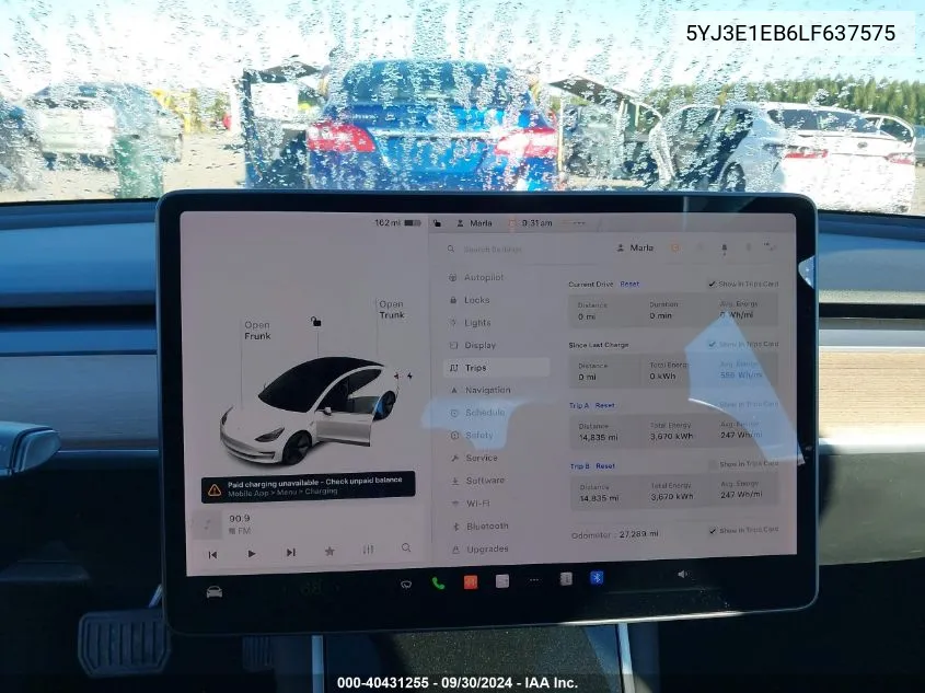 2020 Tesla Model 3 VIN: 5YJ3E1EB6LF637575 Lot: 40431255