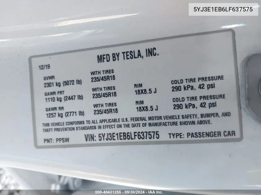 5YJ3E1EB6LF637575 2020 Tesla Model 3