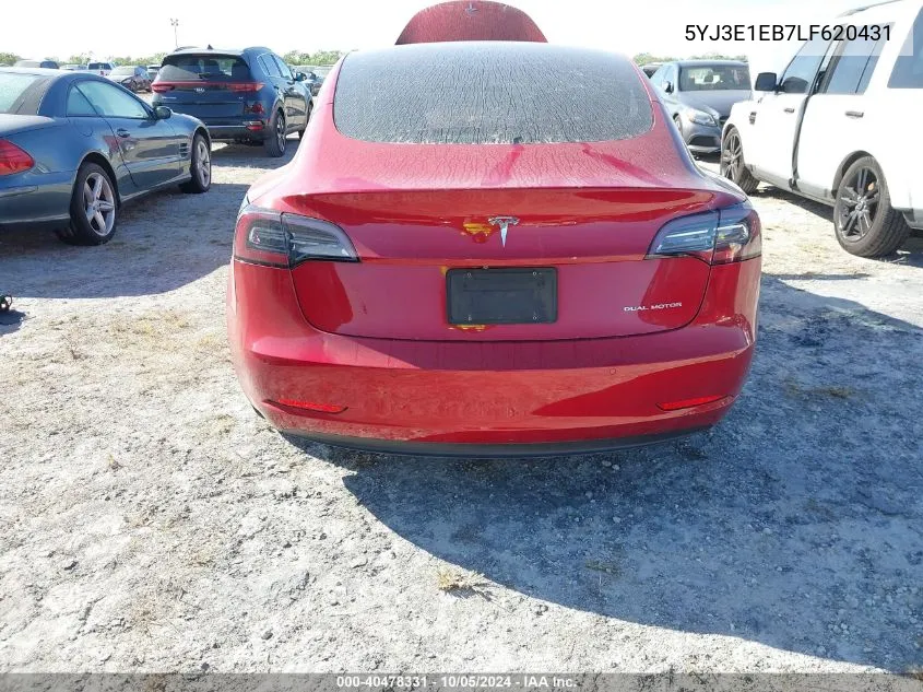 2020 Tesla Model 3 VIN: 5YJ3E1EB7LF620431 Lot: 40478331