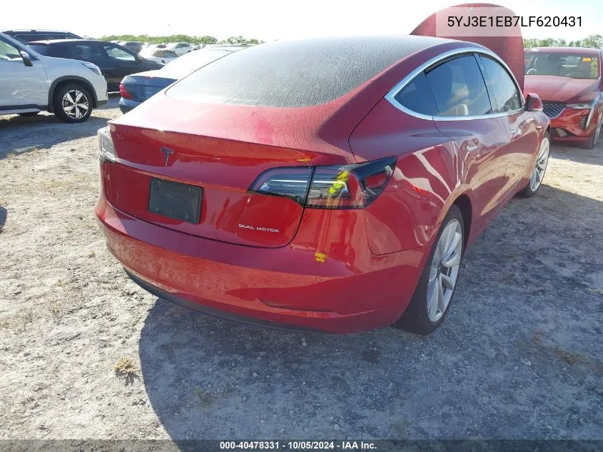 2020 Tesla Model 3 VIN: 5YJ3E1EB7LF620431 Lot: 40478331