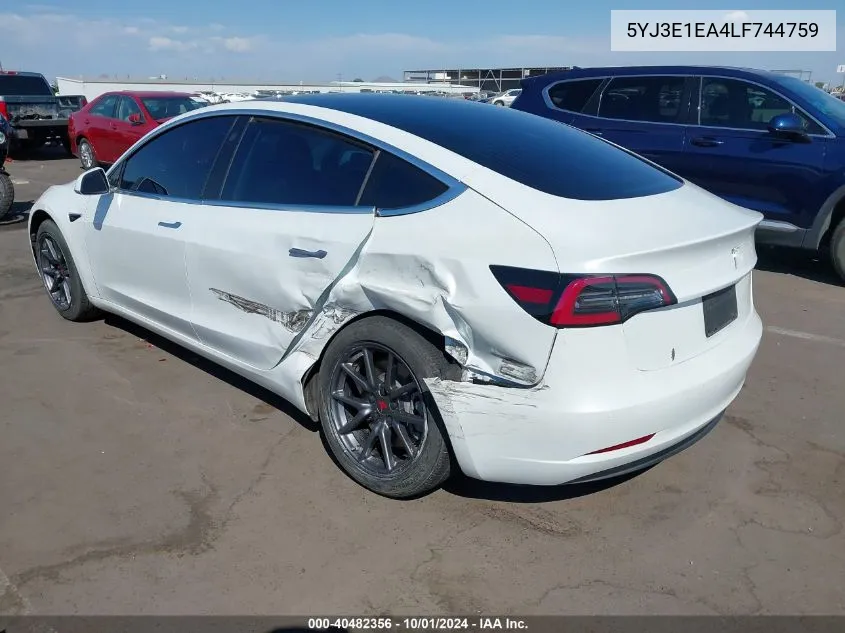 2020 Tesla Model 3 Standard Range Plus Rear-Wheel Drive/Standard Range Rear-Wheel Drive VIN: 5YJ3E1EA4LF744759 Lot: 40482356