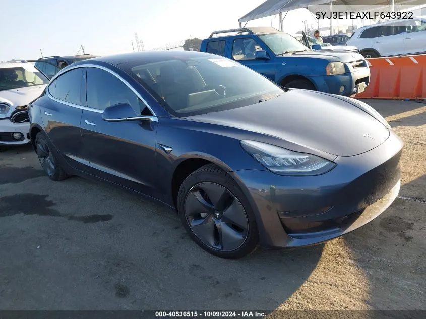 2020 Tesla Model 3 Standard Range Plus Rear-Wheel Drive/Standard Range Rear-Wheel Drive VIN: 5YJ3E1EAXLF643922 Lot: 40536515