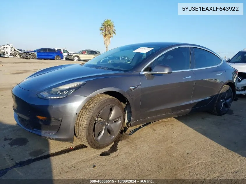 2020 Tesla Model 3 Standard Range Plus Rear-Wheel Drive/Standard Range Rear-Wheel Drive VIN: 5YJ3E1EAXLF643922 Lot: 40536515