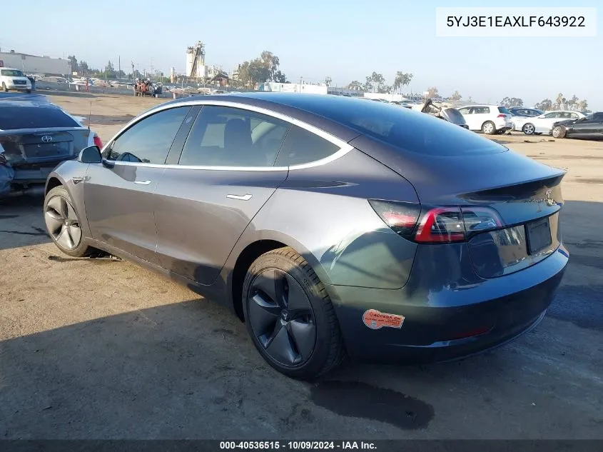 2020 Tesla Model 3 Standard Range Plus Rear-Wheel Drive/Standard Range Rear-Wheel Drive VIN: 5YJ3E1EAXLF643922 Lot: 40536515