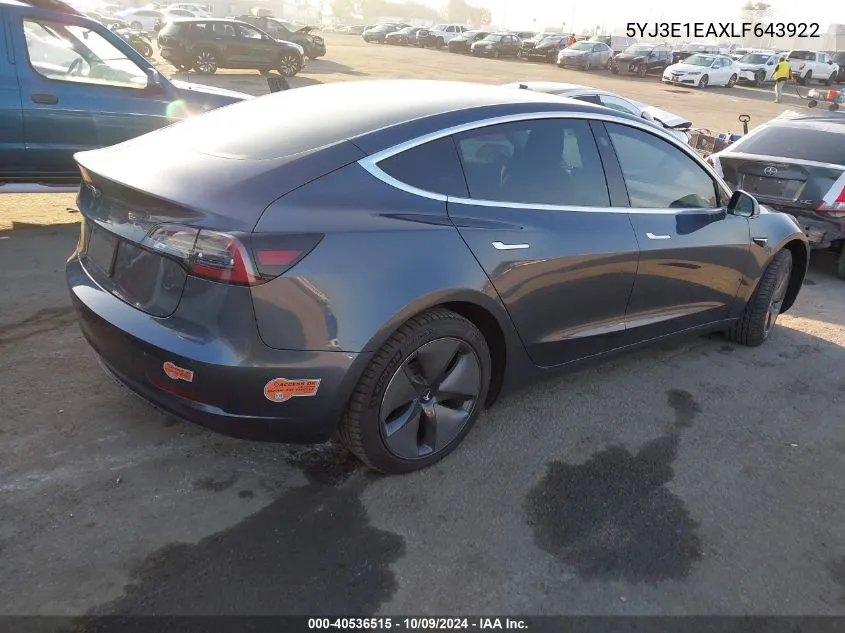 2020 Tesla Model 3 Standard Range Plus Rear-Wheel Drive/Standard Range Rear-Wheel Drive VIN: 5YJ3E1EAXLF643922 Lot: 40536515