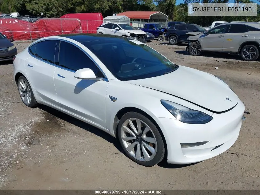 2020 Tesla Model 3 Long Range Dual Motor All-Wheel Drive VIN: 5YJ3E1EB1LF651190 Lot: 40579799