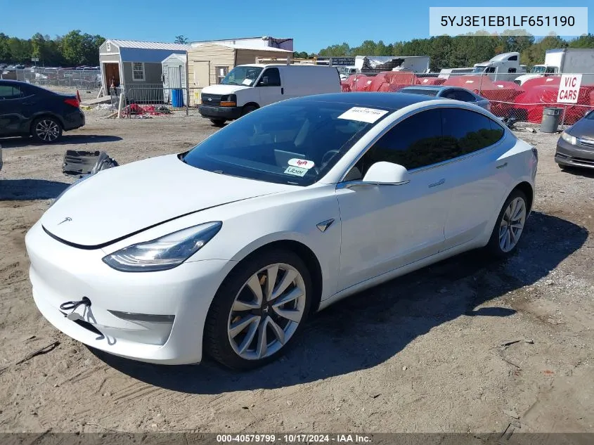 2020 Tesla Model 3 Long Range Dual Motor All-Wheel Drive VIN: 5YJ3E1EB1LF651190 Lot: 40579799