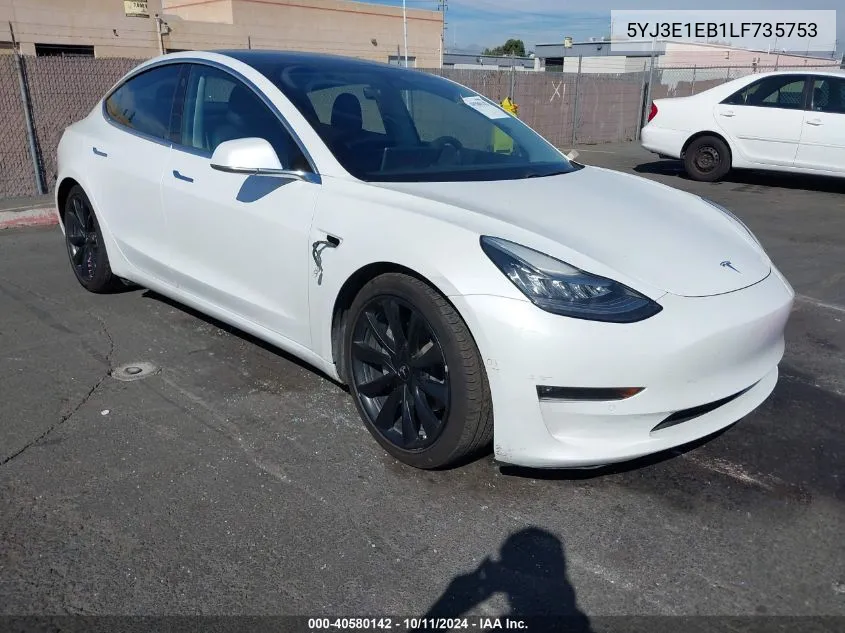 2020 Tesla Model 3 Long Range Dual Motor All-Wheel Drive VIN: 5YJ3E1EB1LF735753 Lot: 40580142