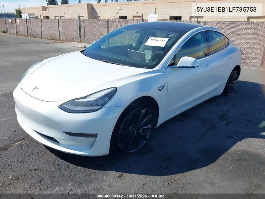 2020 Tesla Model 3 Long Range Dual Motor All-Wheel Drive VIN: 5YJ3E1EB1LF735753 Lot: 40580142