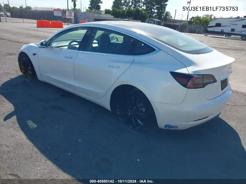 2020 Tesla Model 3 Long Range Dual Motor All-Wheel Drive VIN: 5YJ3E1EB1LF735753 Lot: 40580142