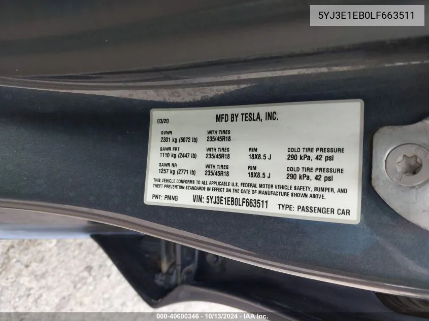 2020 Tesla Model 3 Long Range Dual Motor All-Wheel Drive VIN: 5YJ3E1EB0LF663511 Lot: 40600346